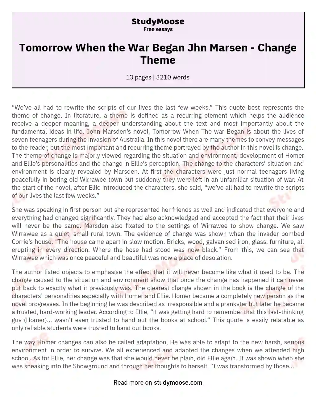 The Irreversible Nature of Change: Tomorrow When The War Began essay