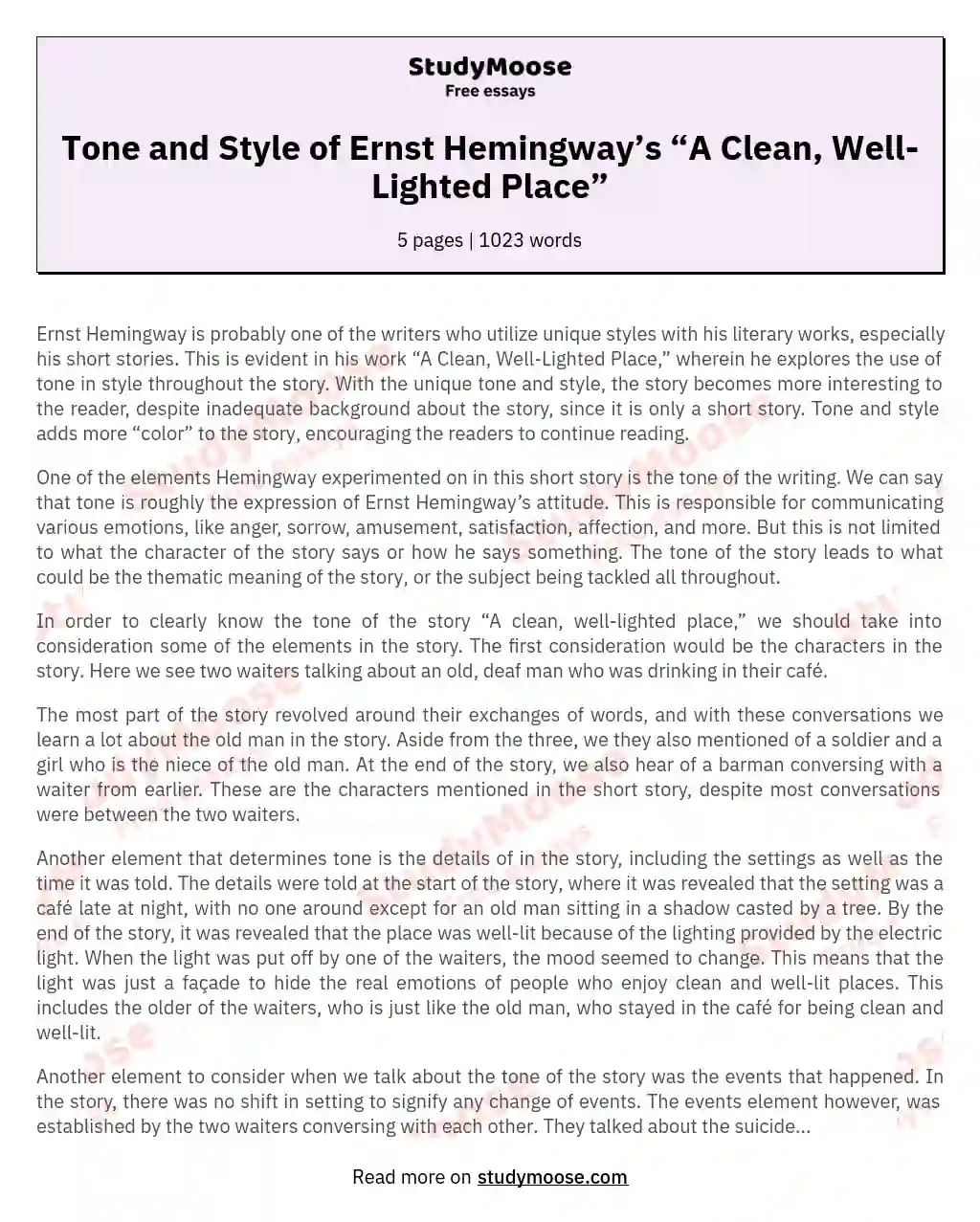 Tone and Style of Ernst Hemingway’s “A Clean, Well-Lighted Place” essay
