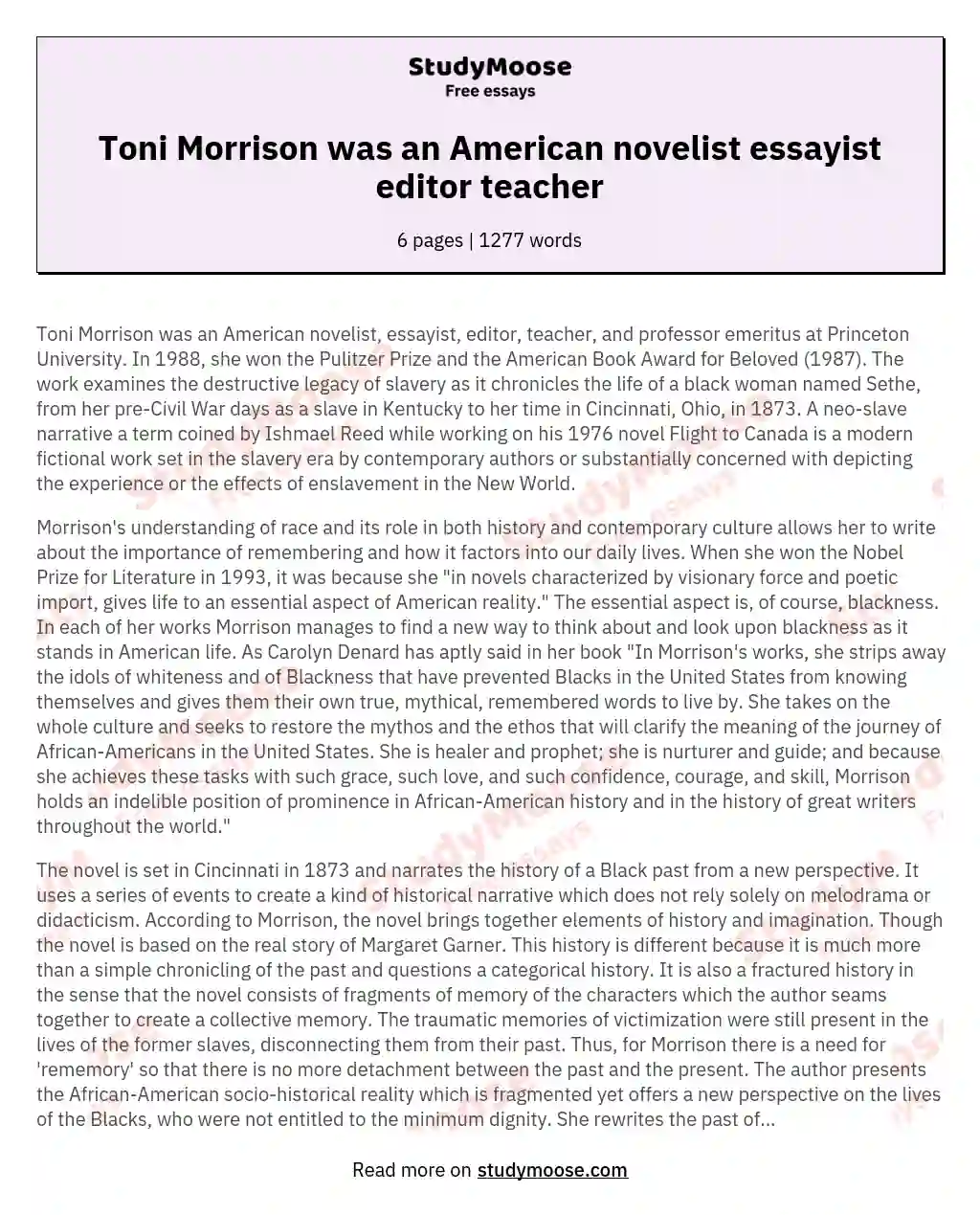 Toni Morrison was an American novelist essayist editor teacher essay