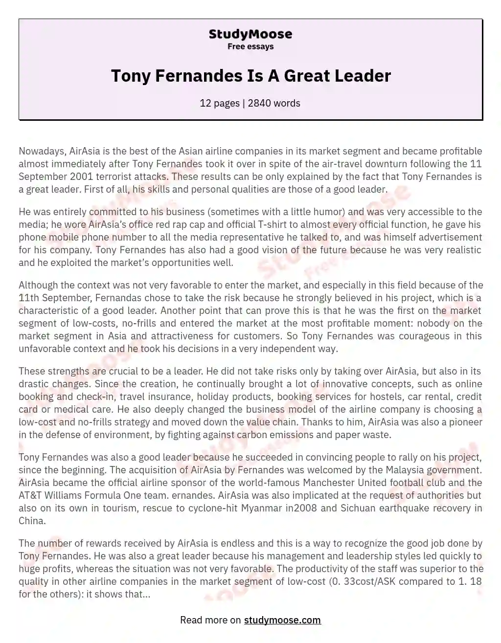 Tony Fernandes Is A Great Leader essay