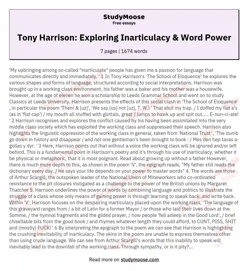 Tony Harrison: Exploring Inarticulacy & Word Power essay