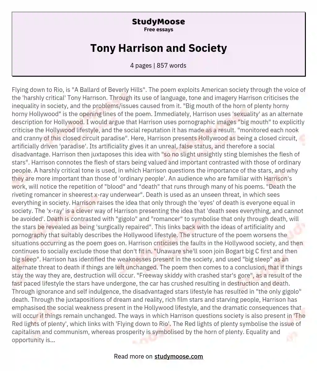 Tony Harrison and Society essay