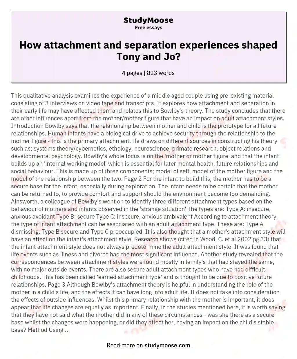 How do Tony and Jo think their experiences of attachment and separation may have affected them?
