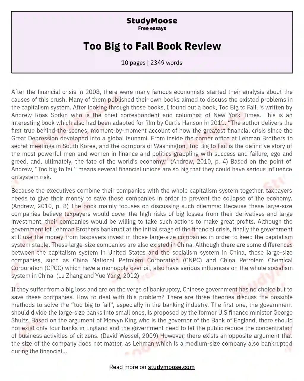 Too Big to Fail Book Review essay