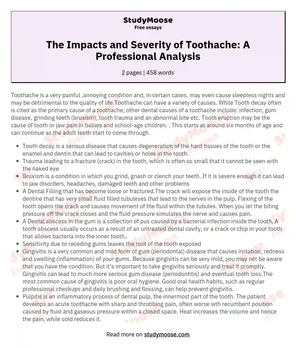 The Impacts and Severity of Toothache: A Professional Analysis essay