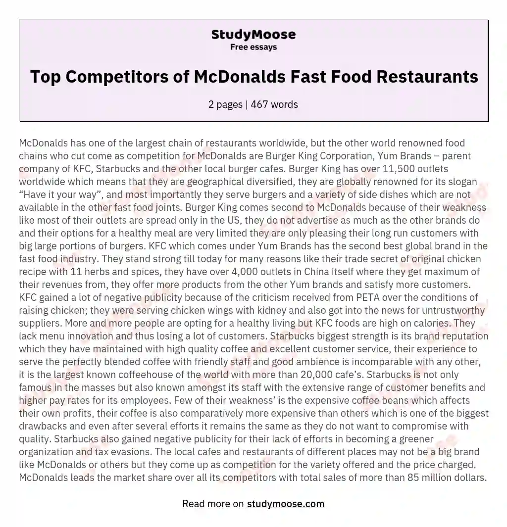 Top Competitors of McDonalds Fast Food Restaurants essay