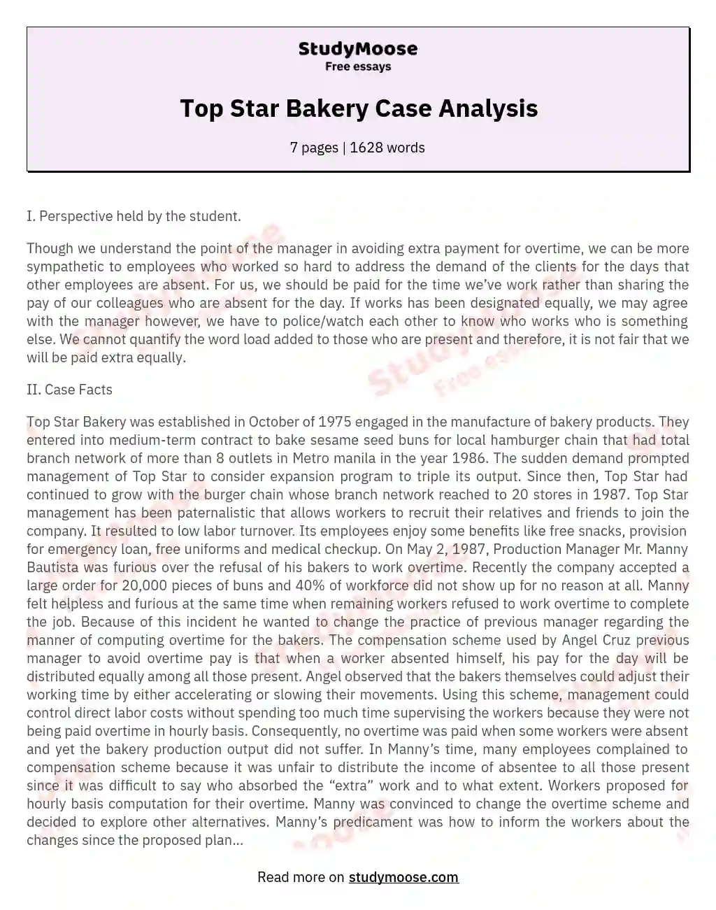 Top Star Bakery Case Analysis essay