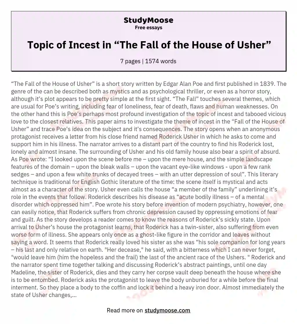 Topic of Incest in “The Fall of the House of Usher” essay