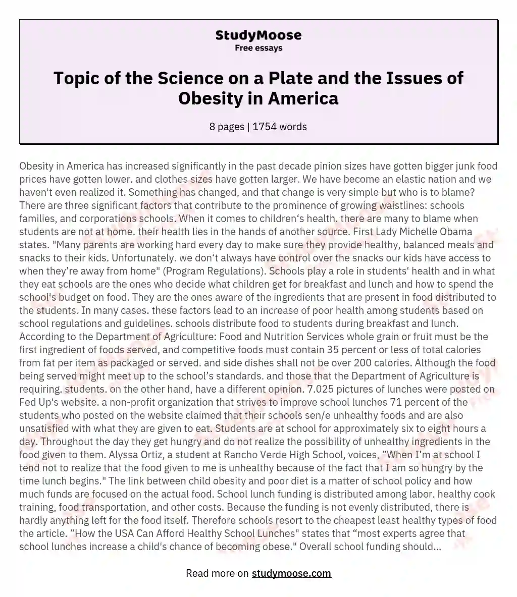 Topic of the Science on a Plate and the Issues of Obesity in America essay