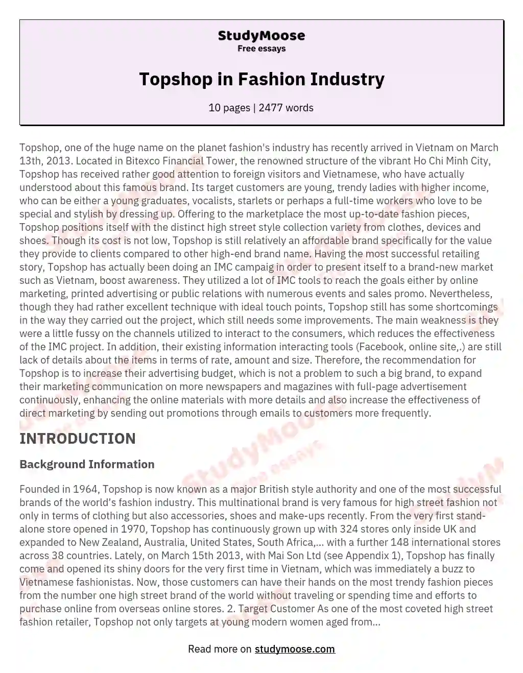 Topshop in Fashion Industry essay