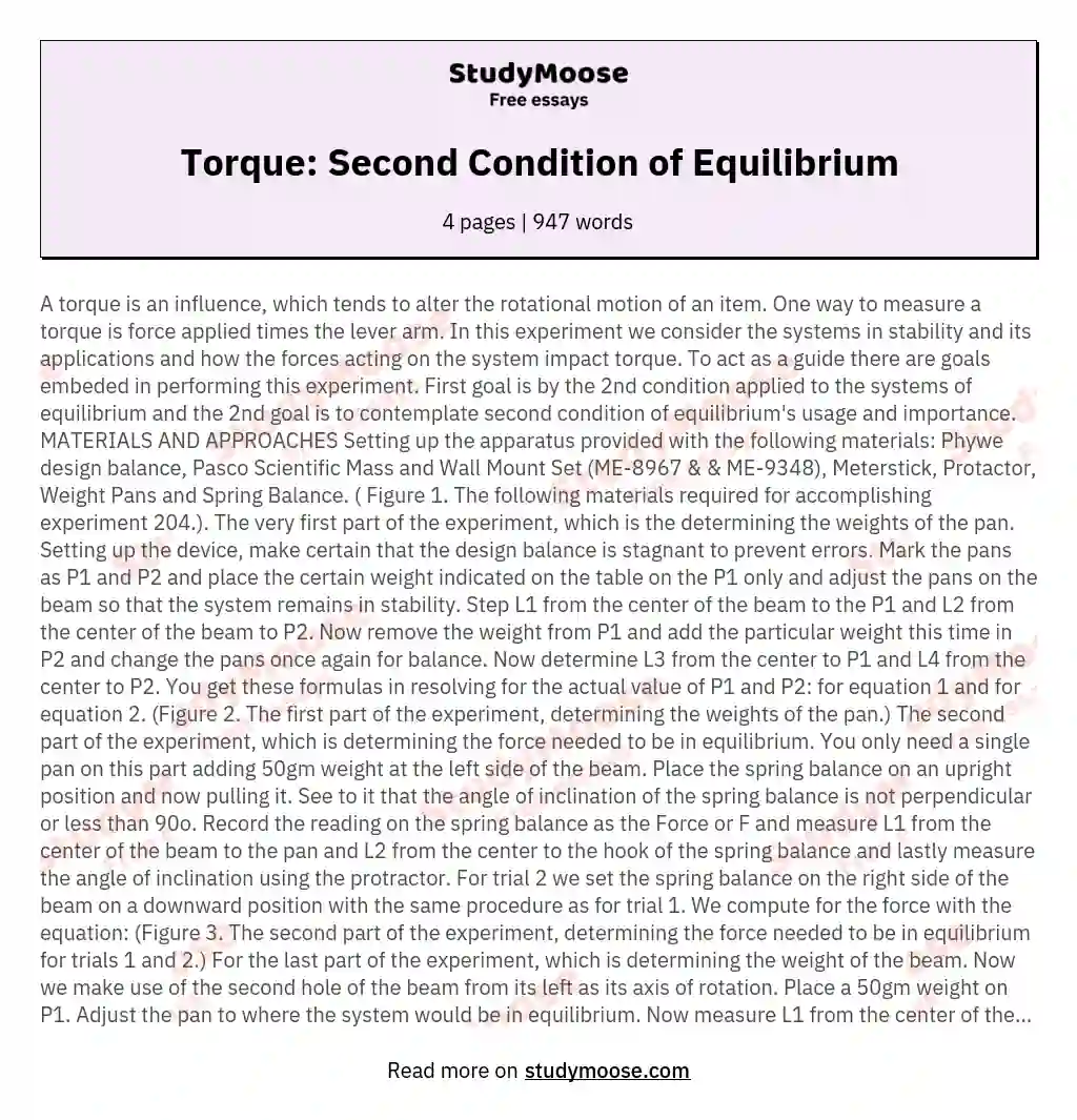 Torque: Second Condition of Equilibrium essay