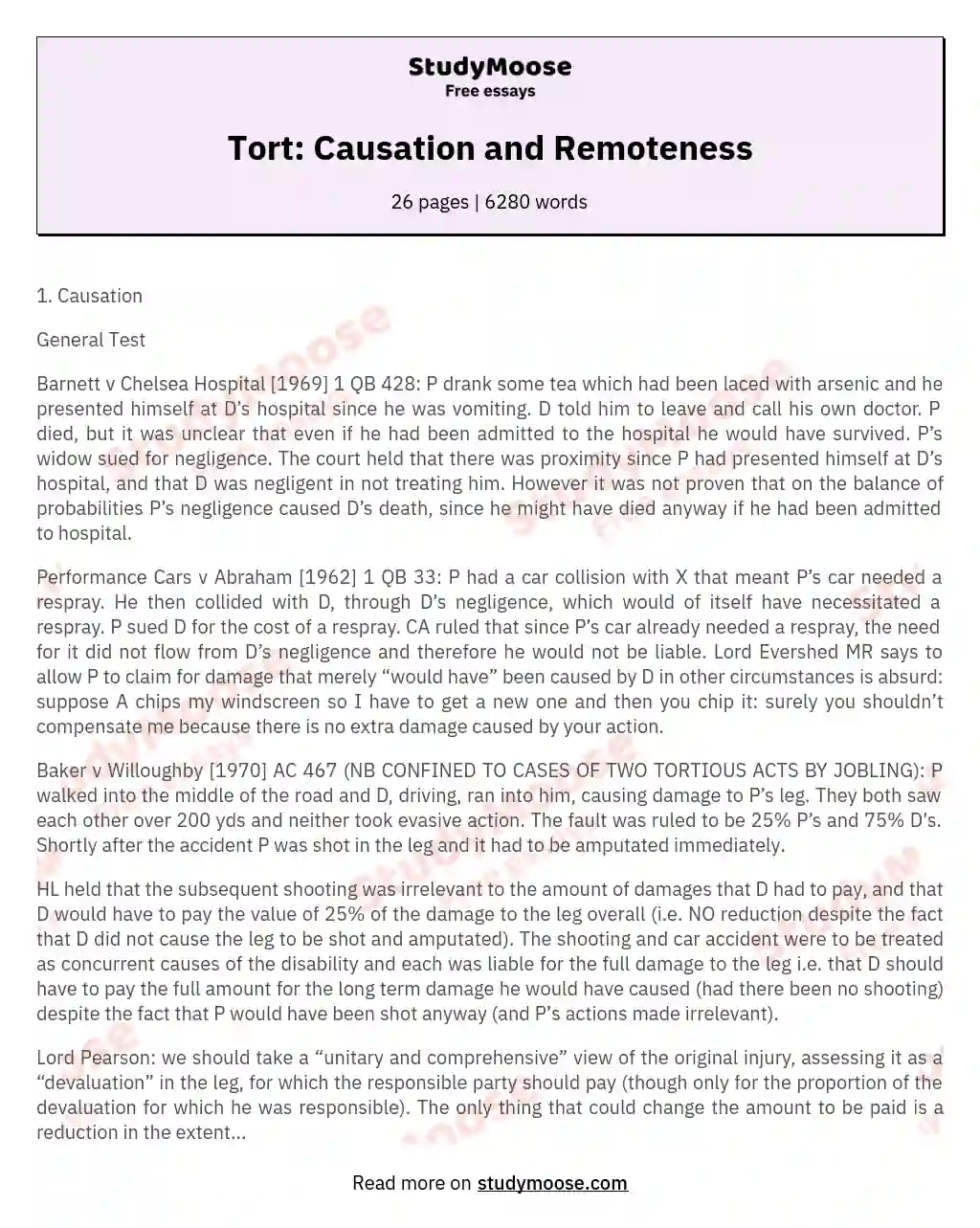 Tort: Causation and Remoteness essay