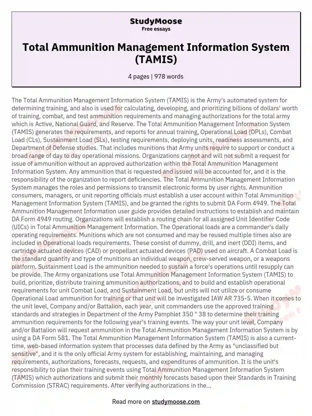 Total Ammunition Management Information System (TAMIS) essay