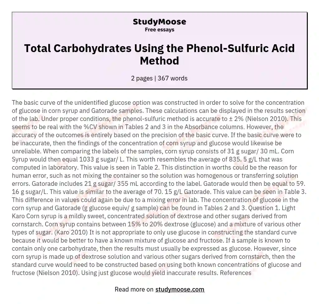 Total Carbohydrates Using the Phenol-Sulfuric Acid Method essay