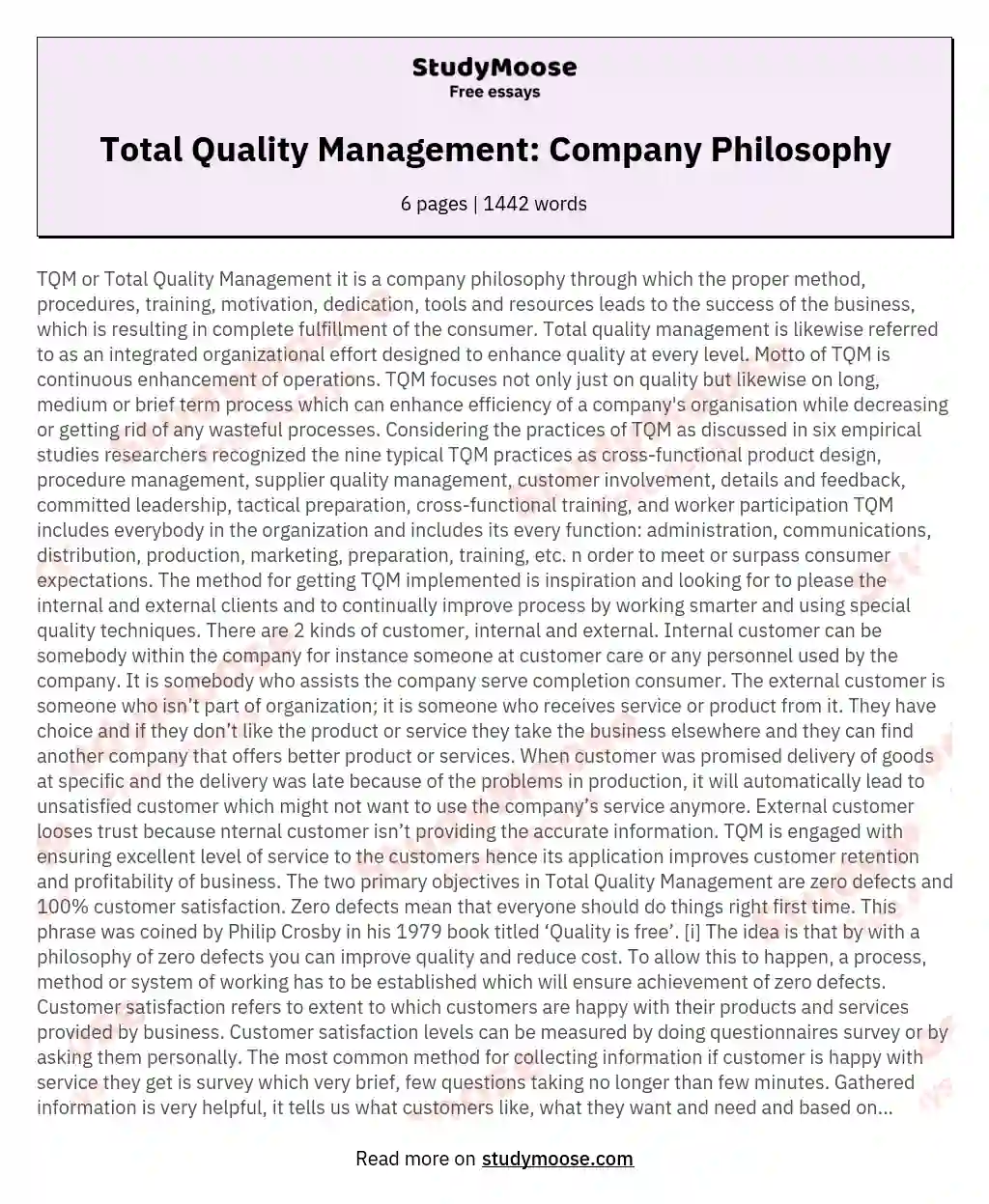 Total Quality Management: Company Philosophy essay