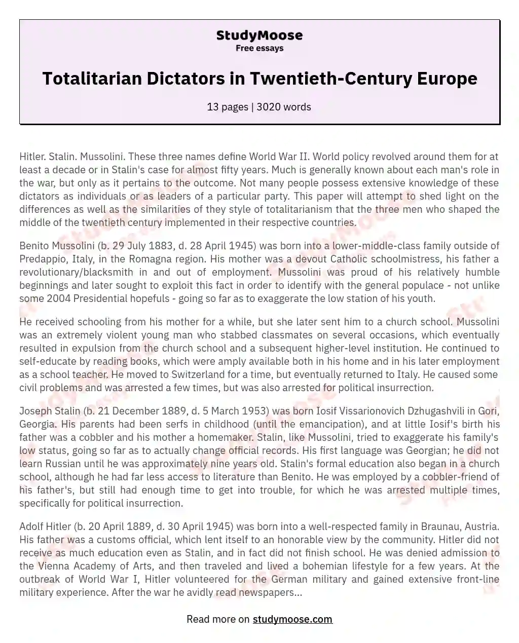 Totalitarian Dictators in Twentieth-Century Europe