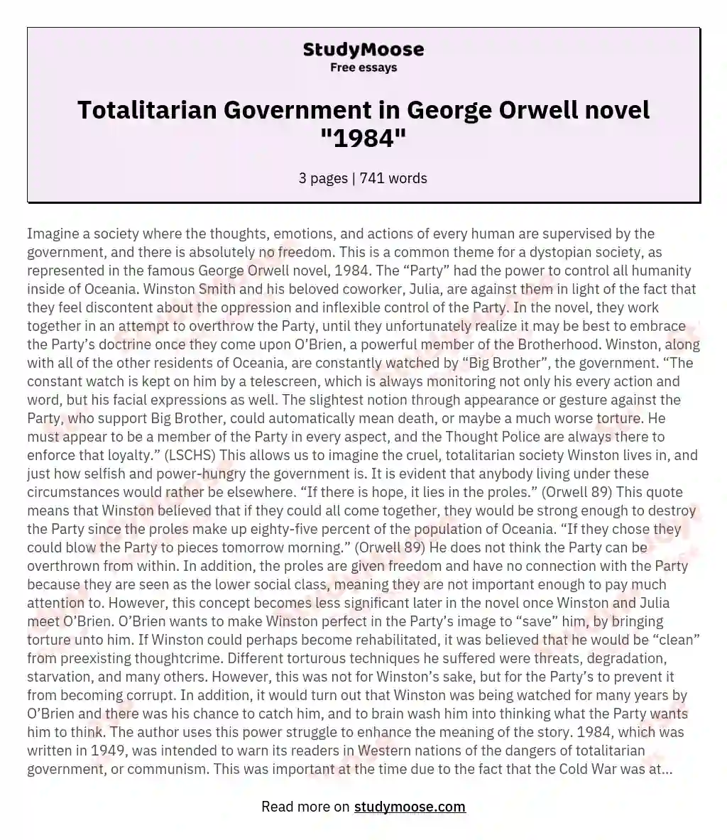 Totalitarian Government in George Orwell novel "1984" essay
