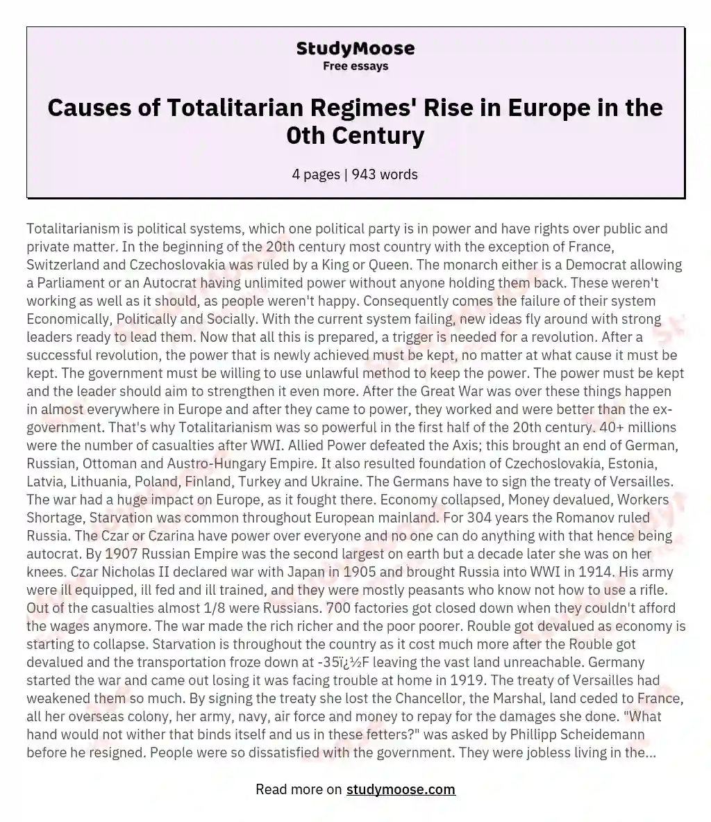 Why did Totalitarian Regimes achieve power in Europe in the first half of the 20th century?