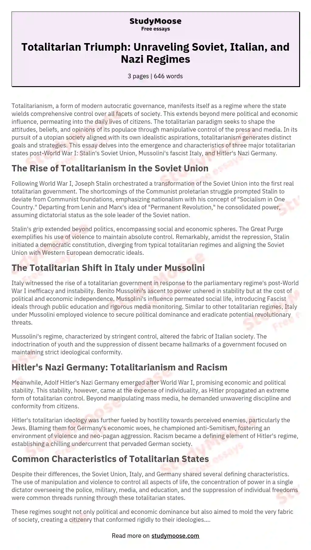 Totalitarian Triumph: Unraveling Soviet, Italian, and Nazi Regimes essay
