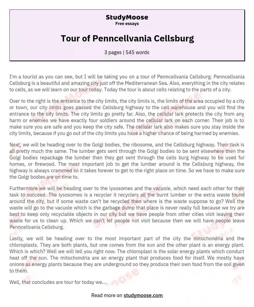 Tour of Penncellvania Cellsburg essay