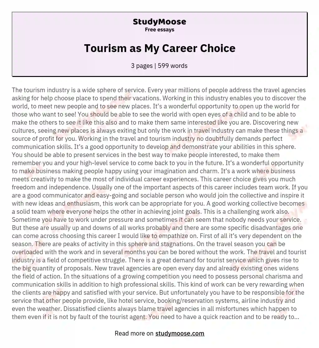 Tourism as My Career Choice essay