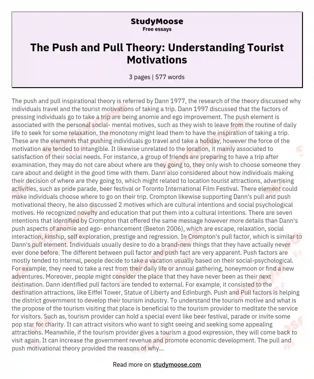 The Push and Pull Theory: Understanding Tourist Motivations essay