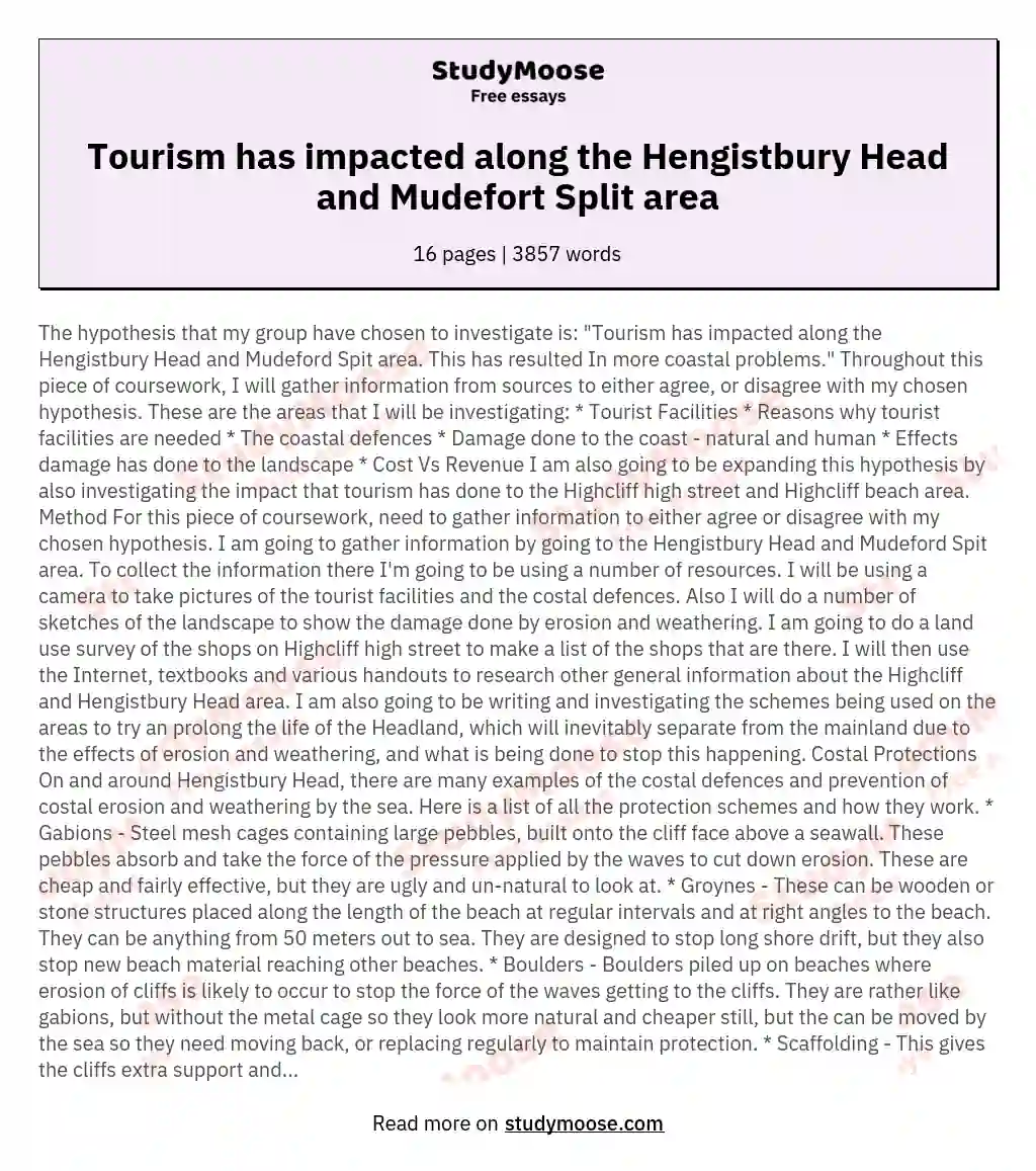 Tourism has impacted along the Hengistbury Head and Mudefort Split area essay