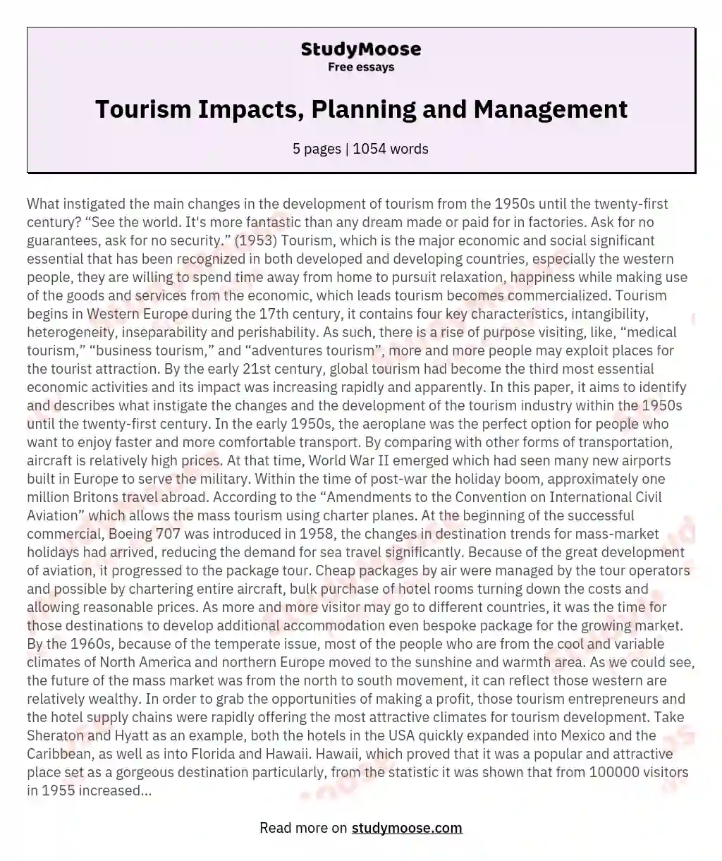 Tourism Impacts, Planning and Management essay
