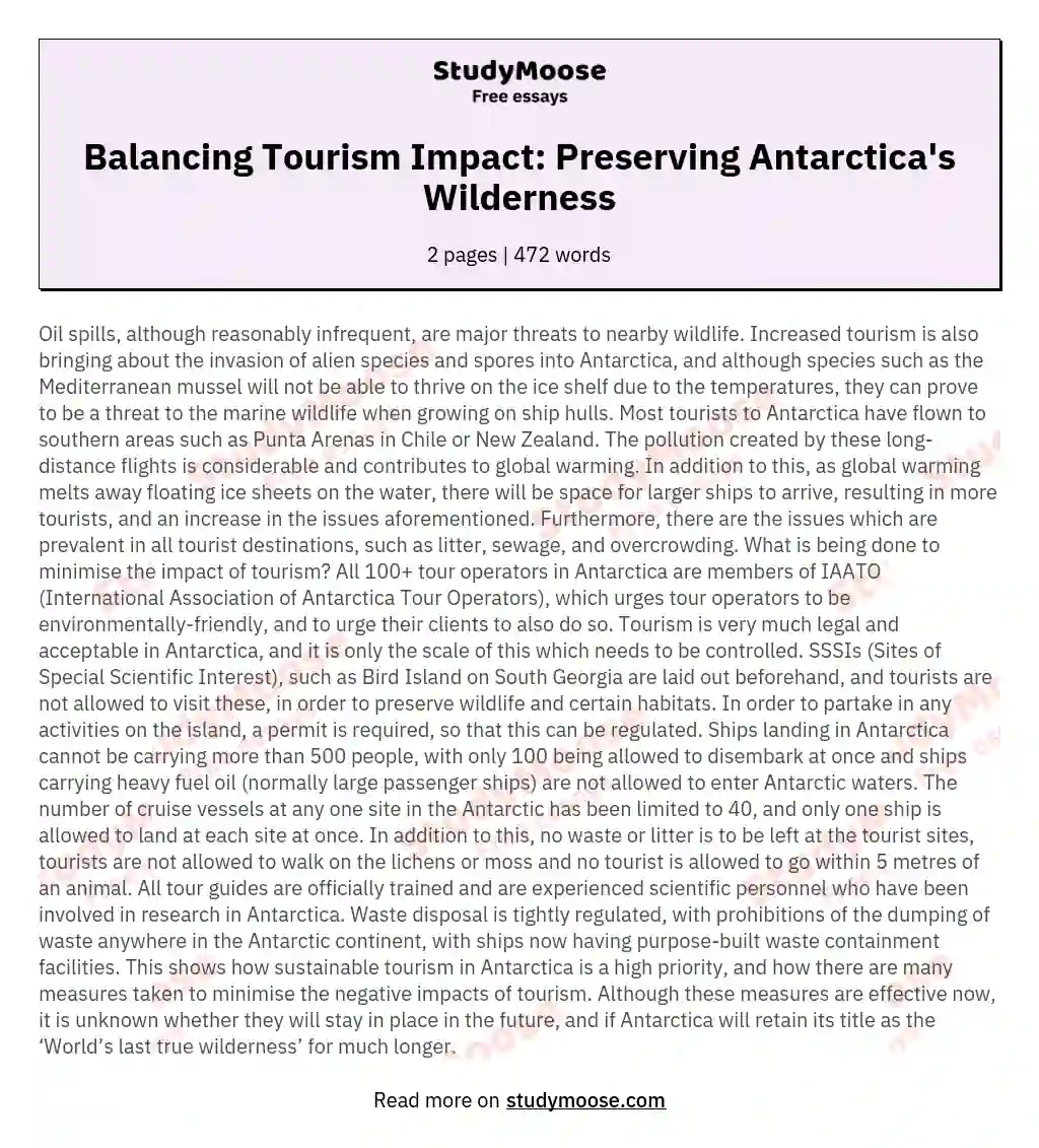 Balancing Tourism Impact: Preserving Antarctica's Wilderness essay