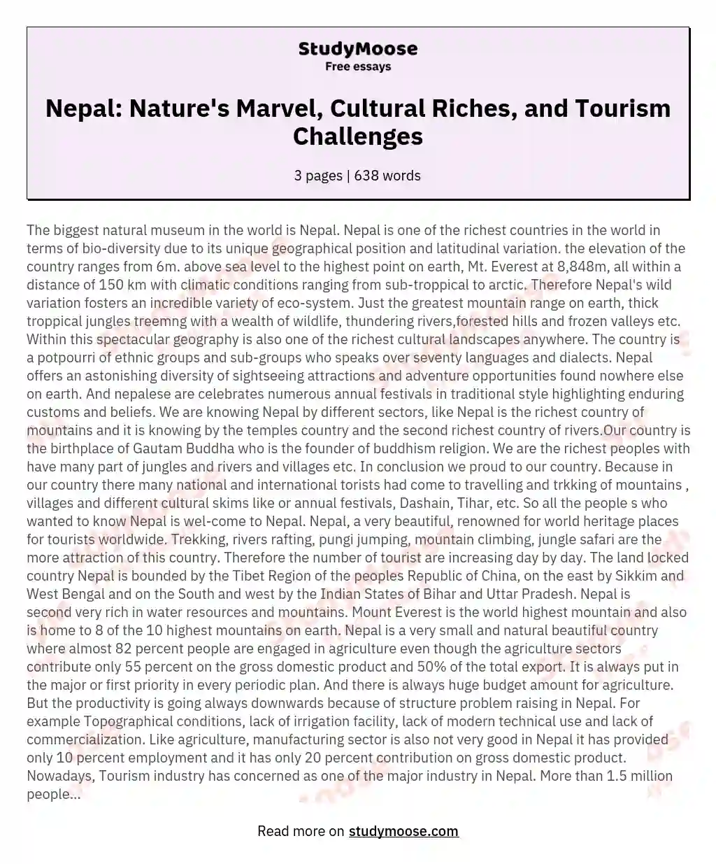 Nepal: Nature's Marvel, Cultural Riches, and Tourism Challenges essay