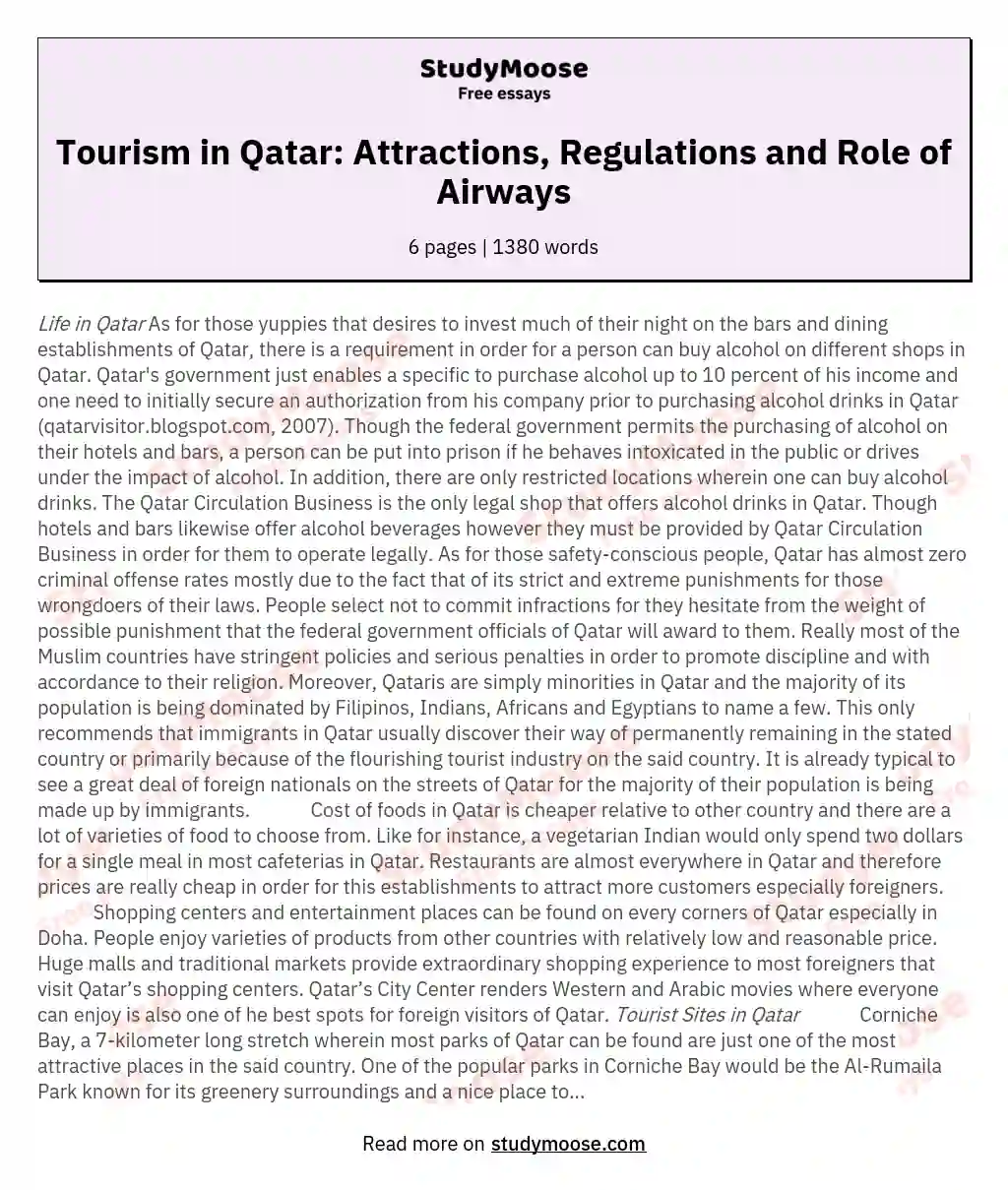 Tourism in Qatar: Attractions, Regulations and Role of Airways essay