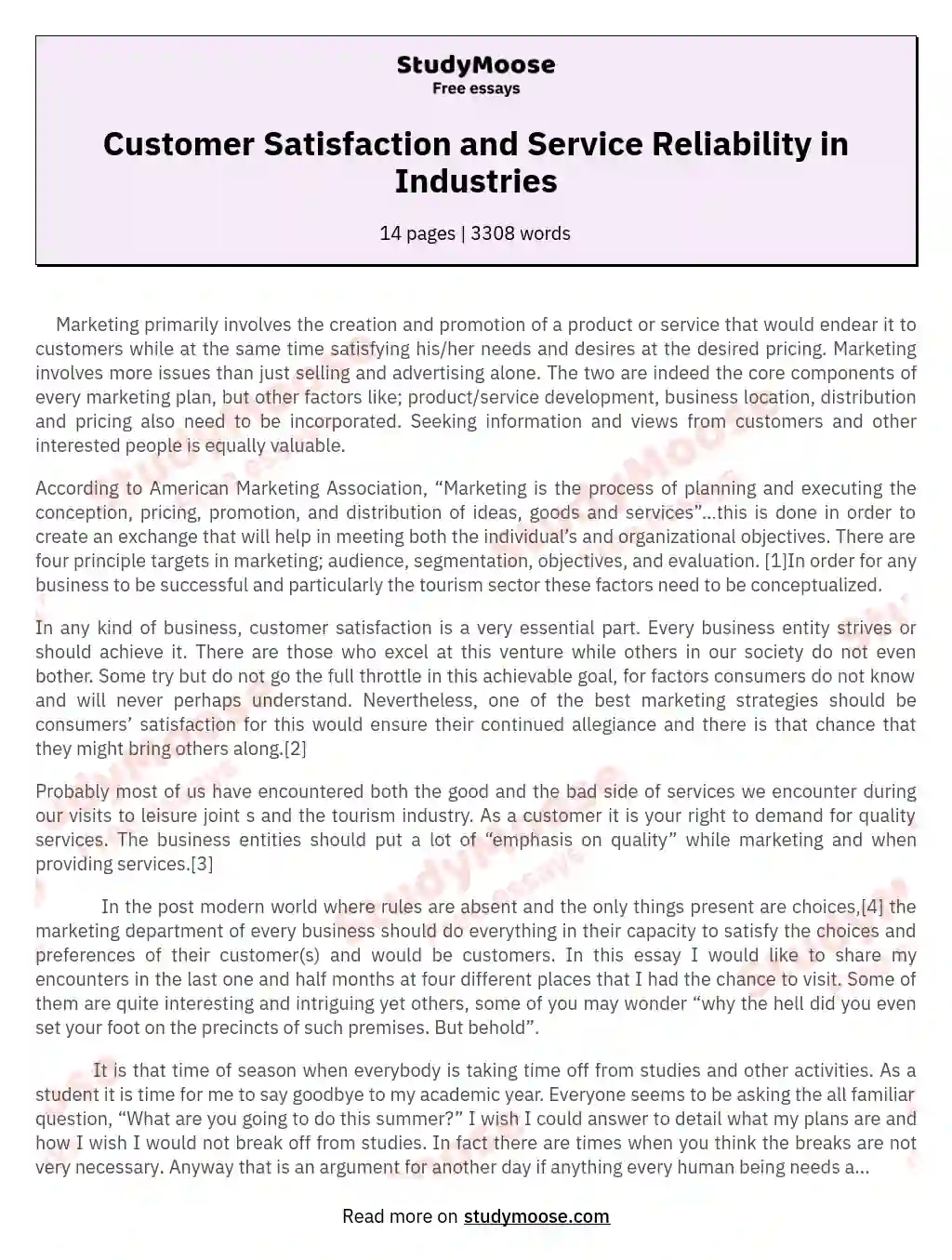 Customer Satisfaction and Service Reliability in Industries essay