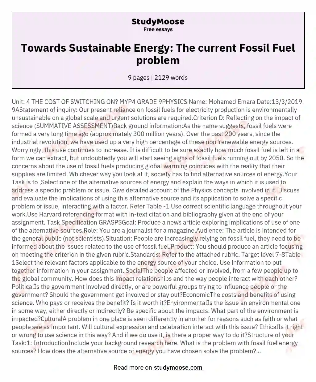 Towards Sustainable Energy: The current Fossil Fuel problem