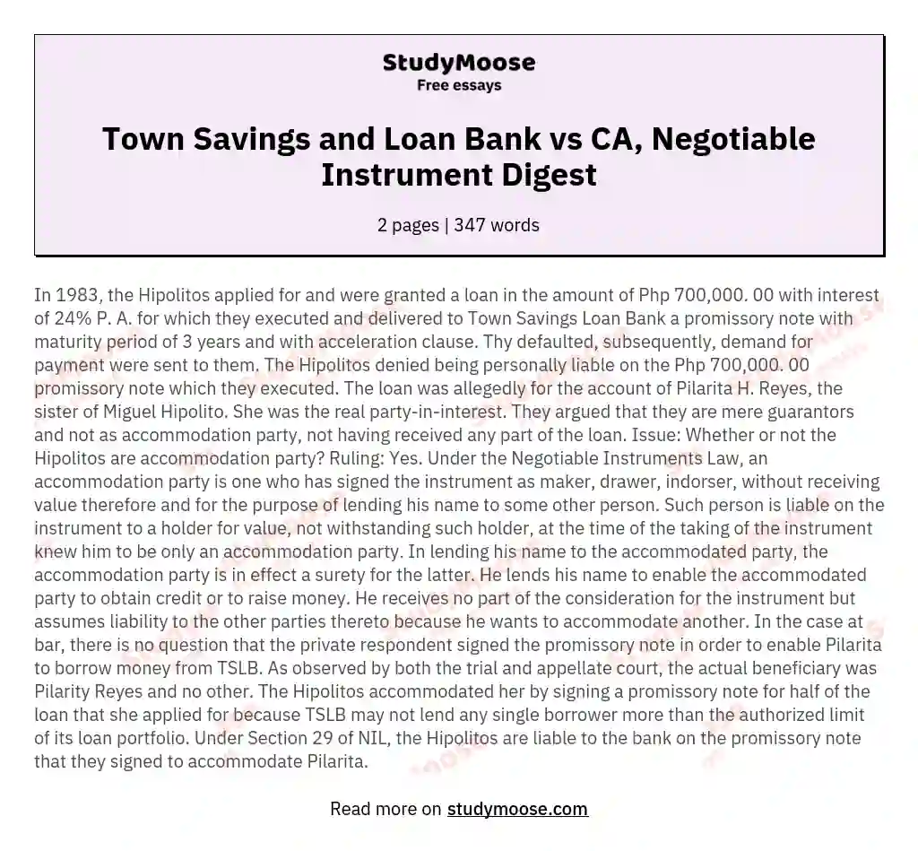 Town Savings and Loan Bank vs CA, Negotiable Instrument Digest essay