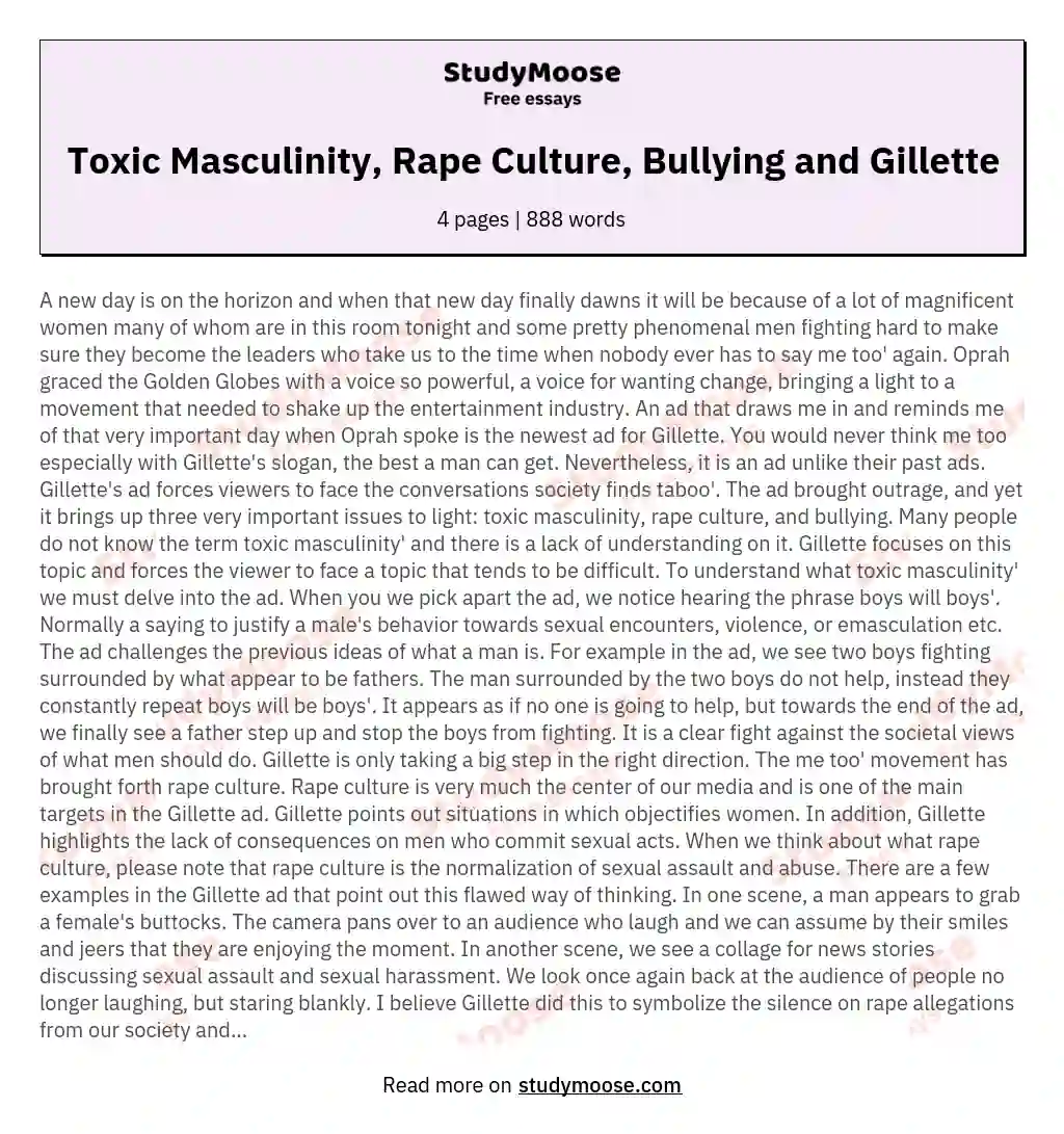 Toxic Masculinity, Rape Culture, Bullying and Gillette essay