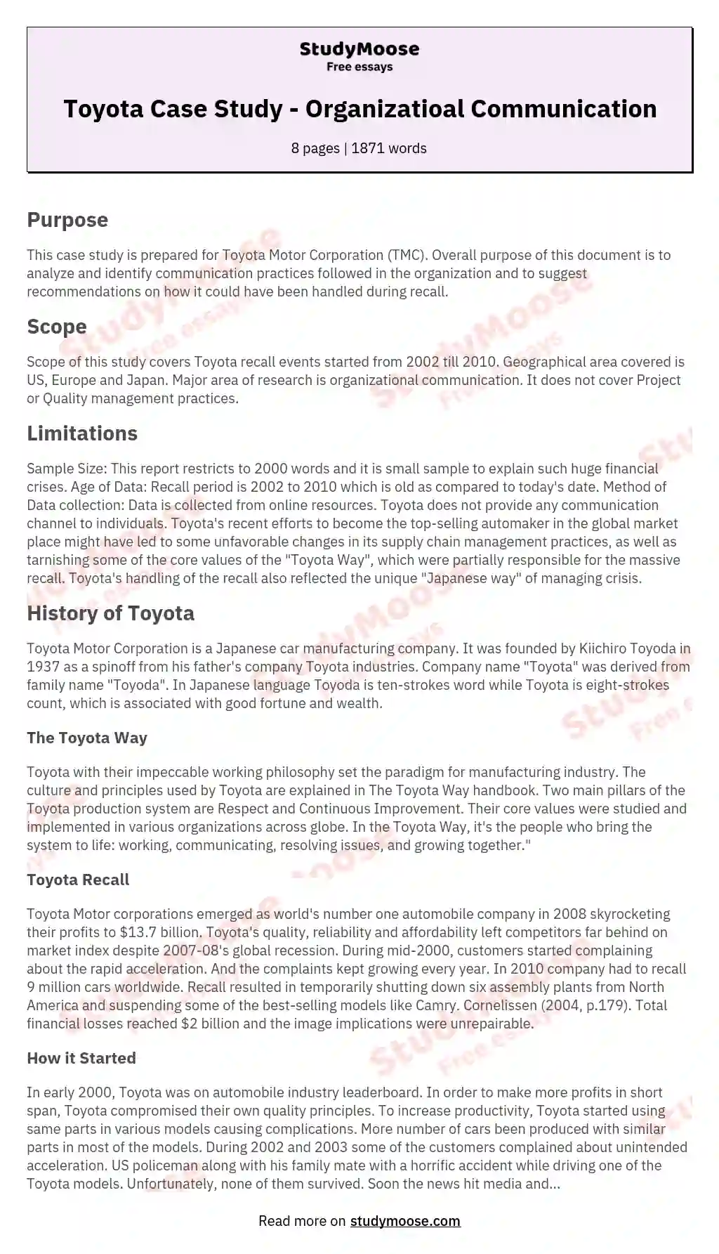 Toyota Case Study - Organizatioal Communication essay