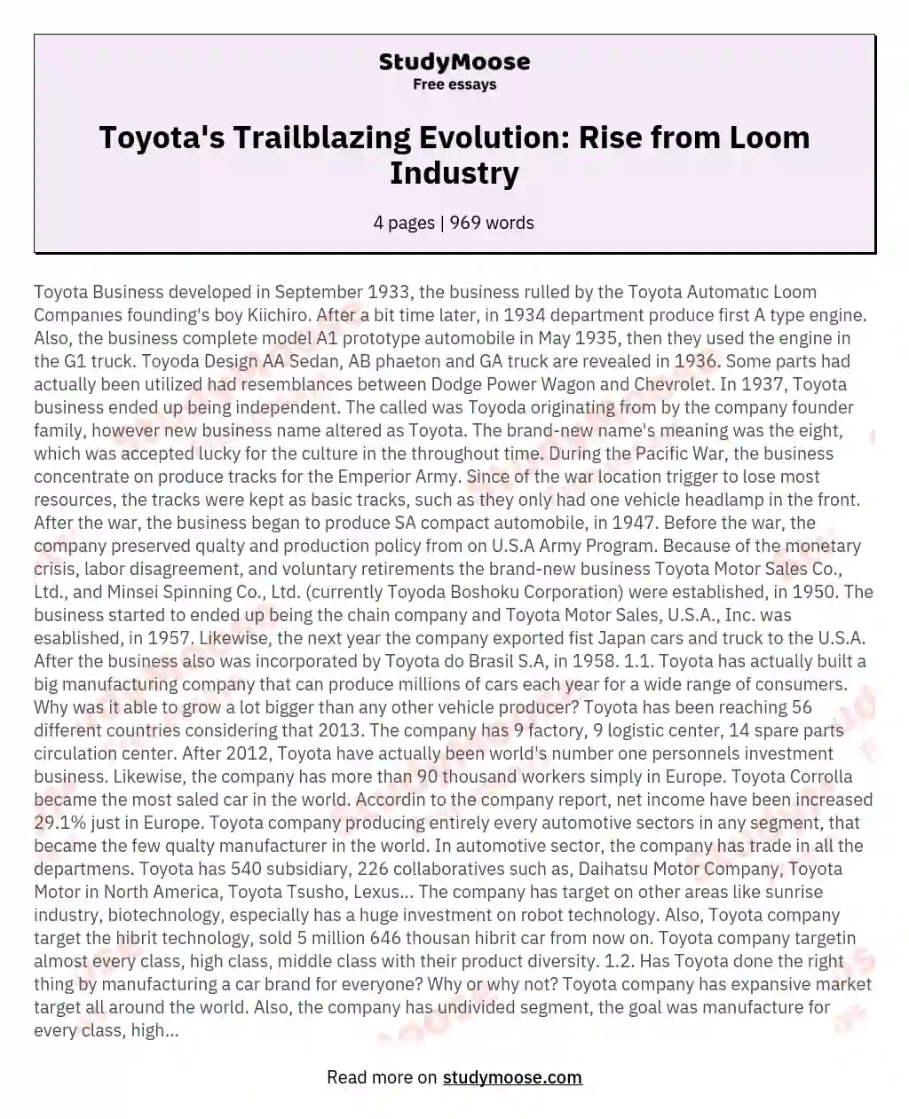 Toyota's Trailblazing Evolution: Rise from Loom Industry essay