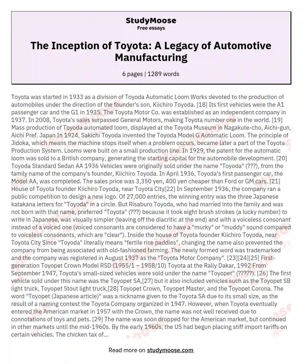 The Inception of Toyota: A Legacy of Automotive Manufacturing essay