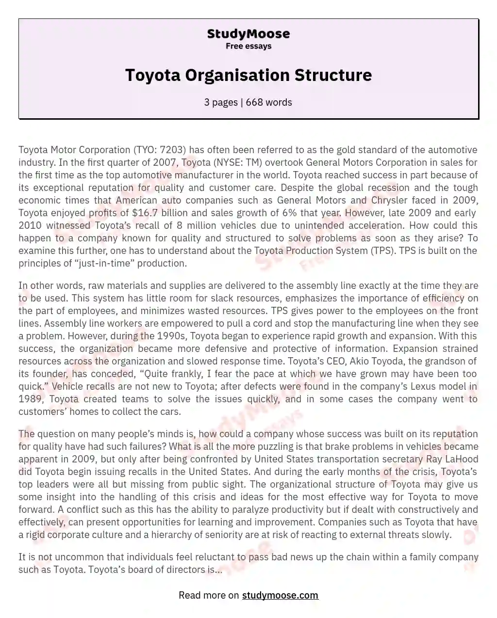 Toyota Organisation Structure essay
