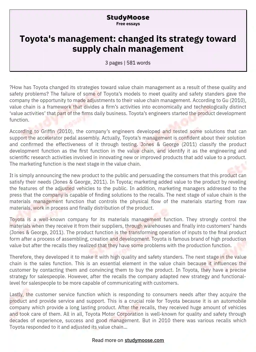 Toyota's management: changed its strategy toward supply chain management essay
