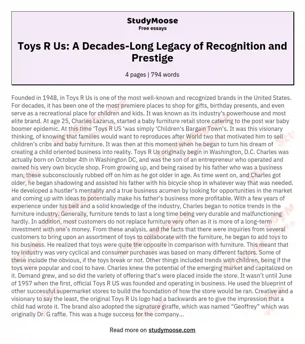 Toys R Us: A Decades-Long Legacy of Recognition and Prestige essay