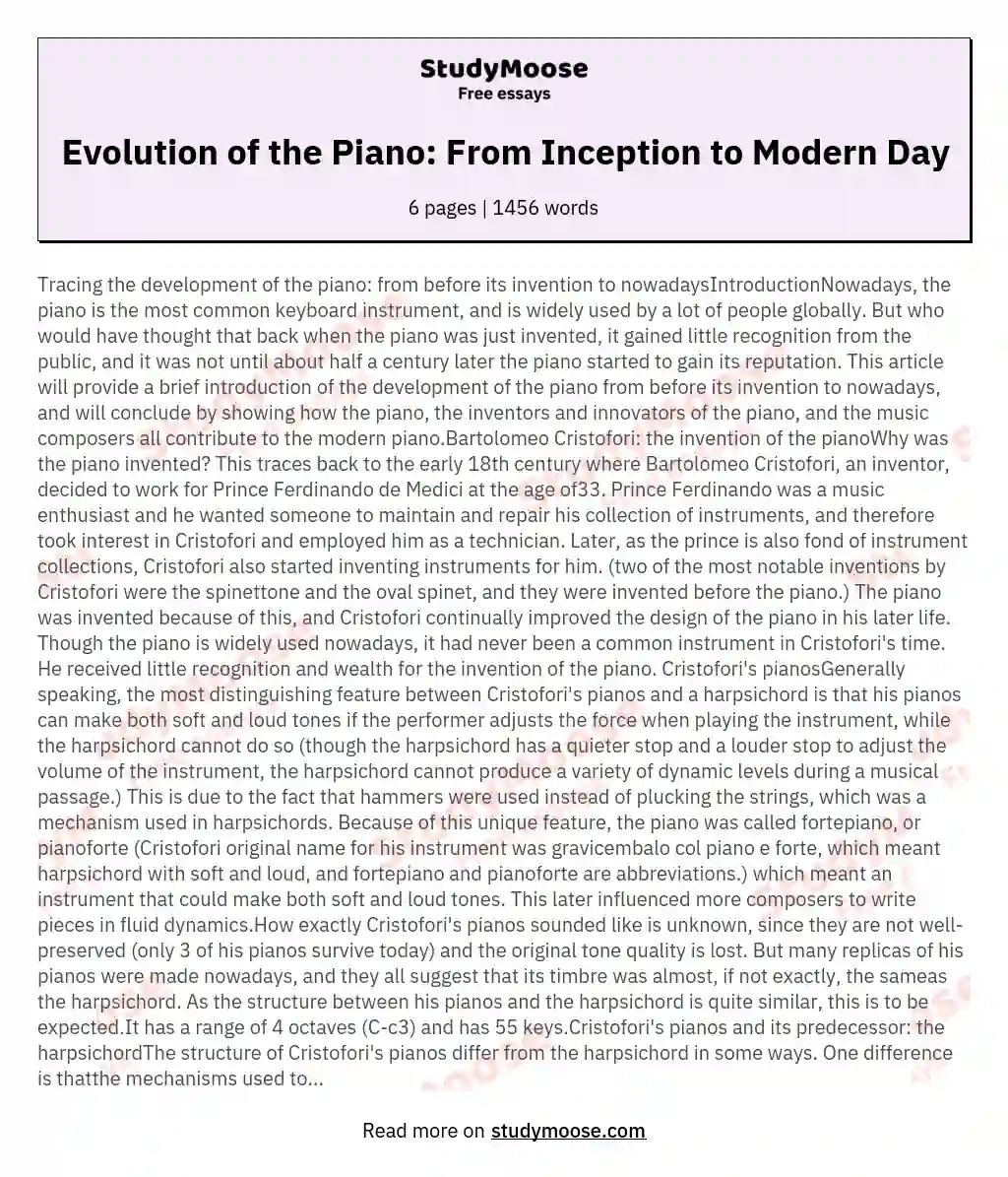 Evolution of the Piano: From Inception to Modern Day essay