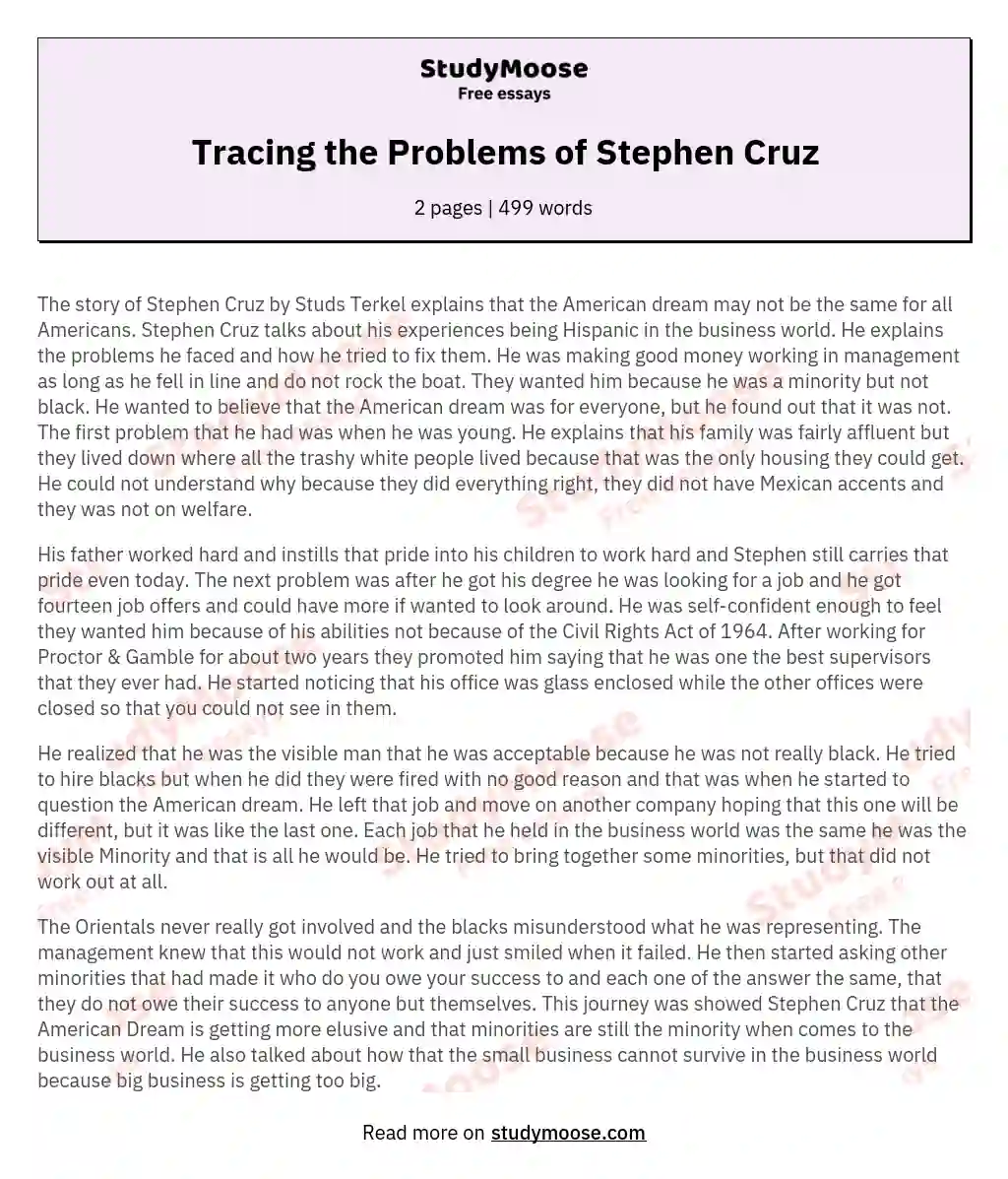 Tracing the Problems of Stephen Cruz essay