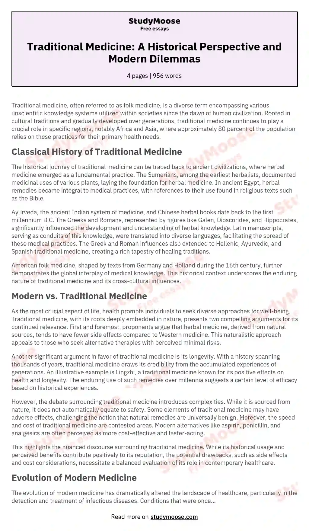 Traditional Medicine: A Historical Perspective and Modern Dilemmas essay