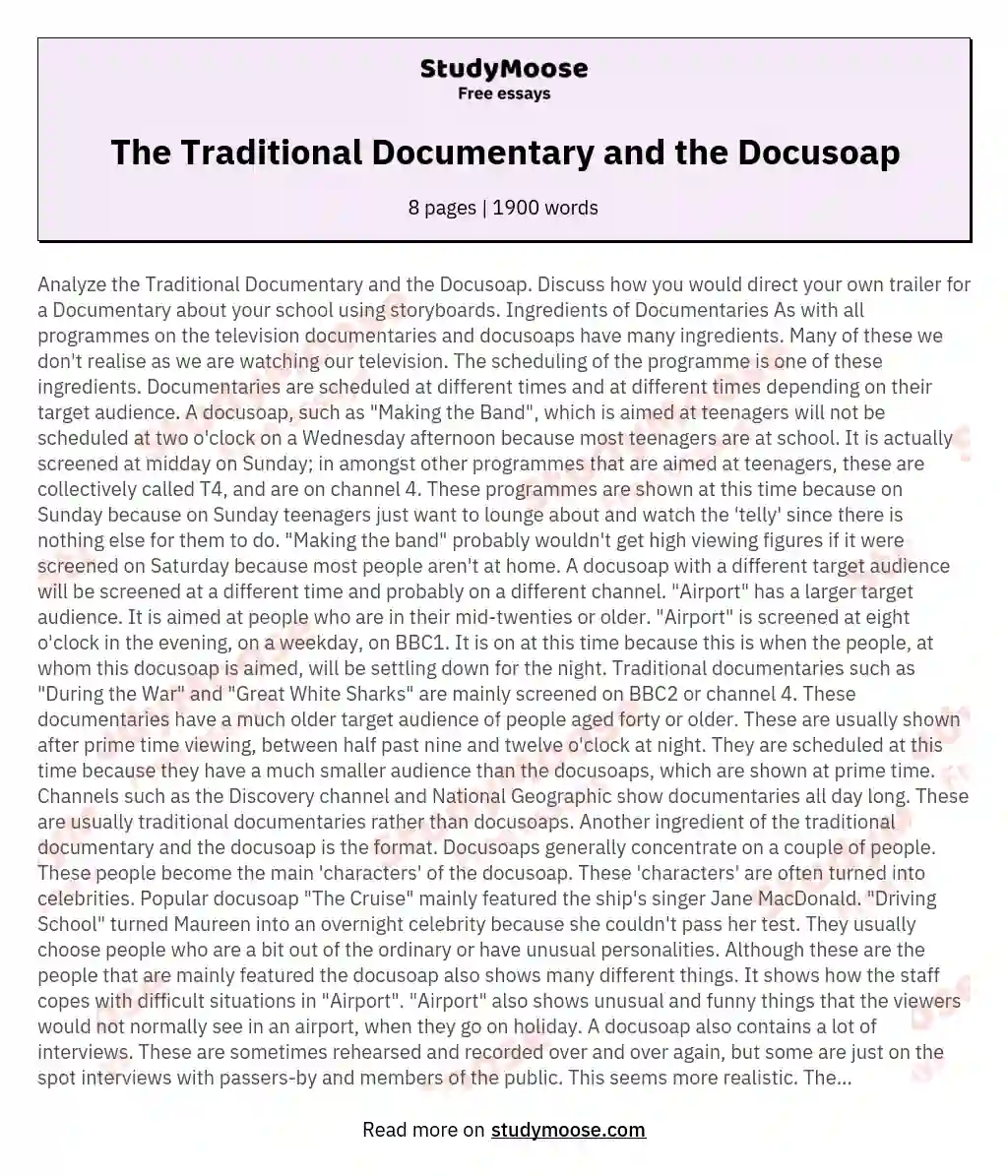 The Traditional Documentary and the Docusoap essay