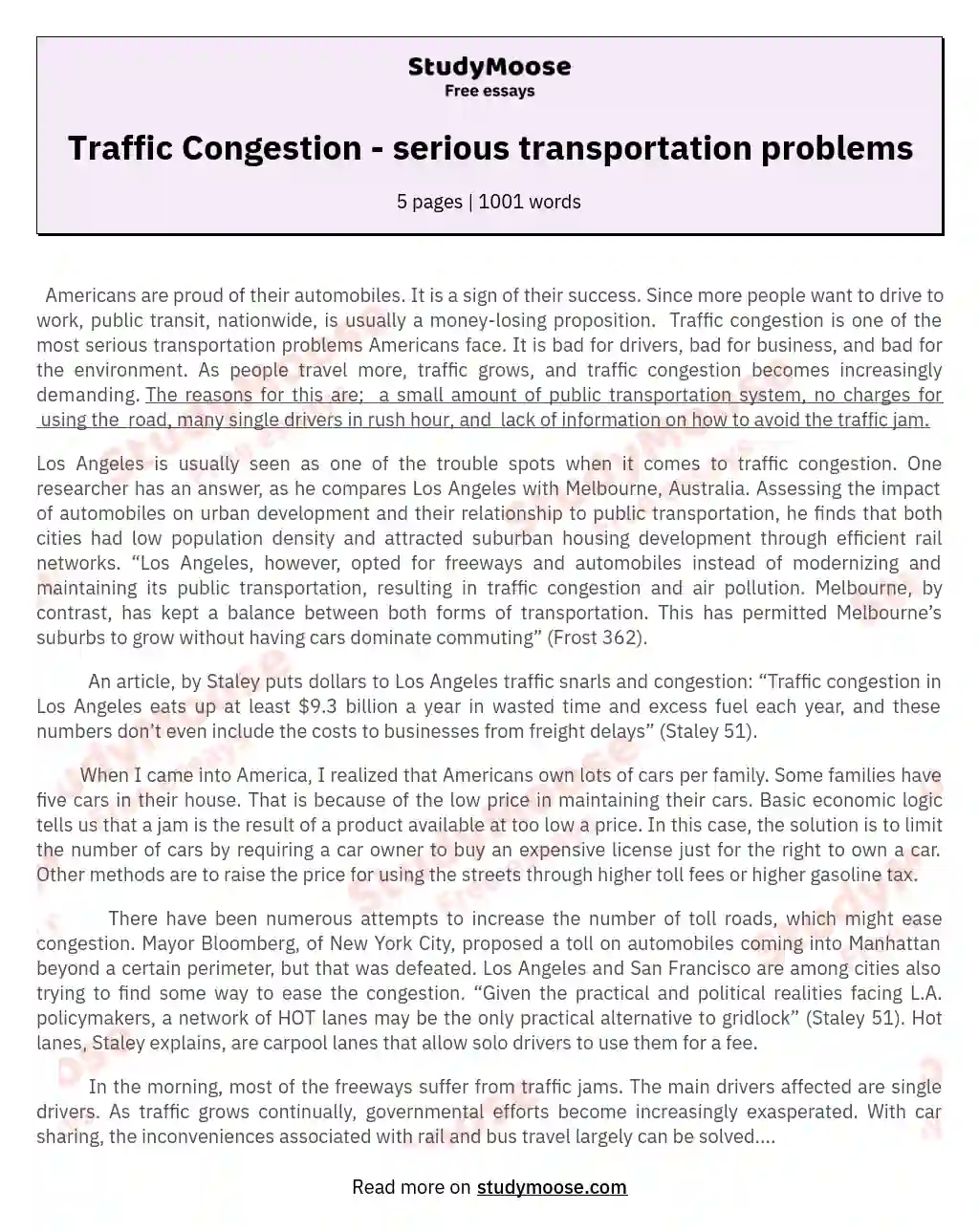 Traffic Congestion - serious transportation problems essay