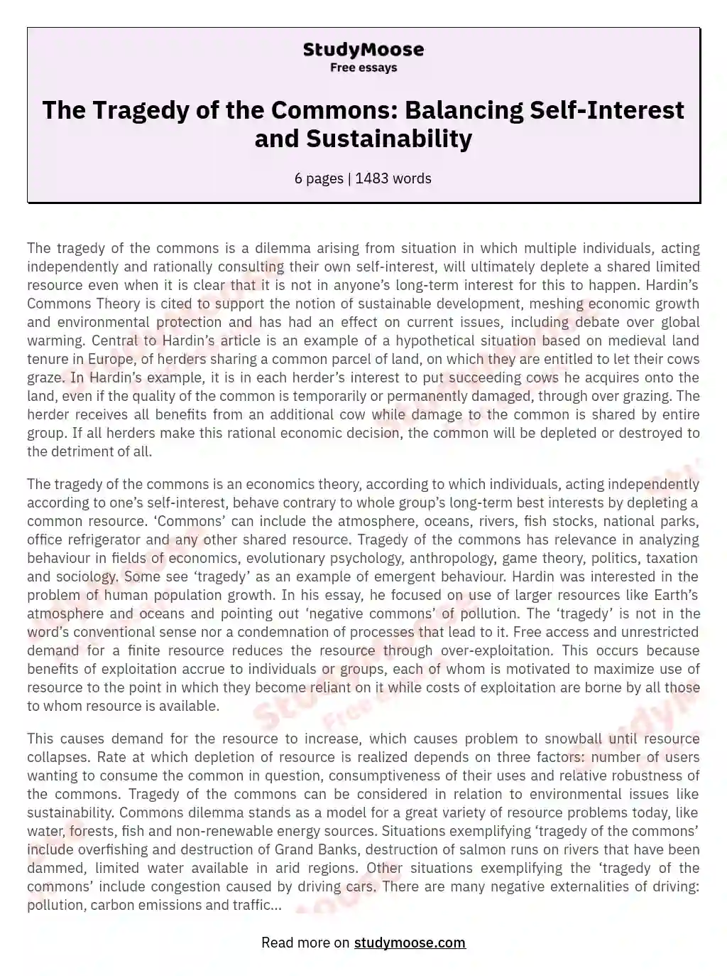 The Tragedy of the Commons: Balancing Self-Interest and Sustainability essay