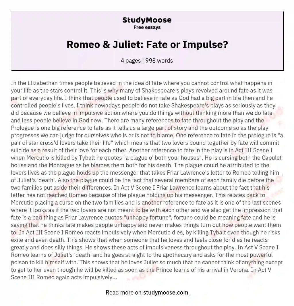 Romeo & Juliet: Fate or Impulse? essay