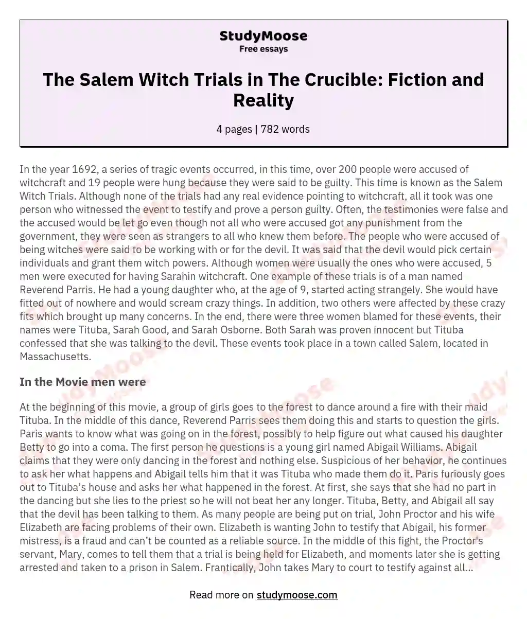 The Salem Witch Trials in The Crucible: Fiction and Reality essay