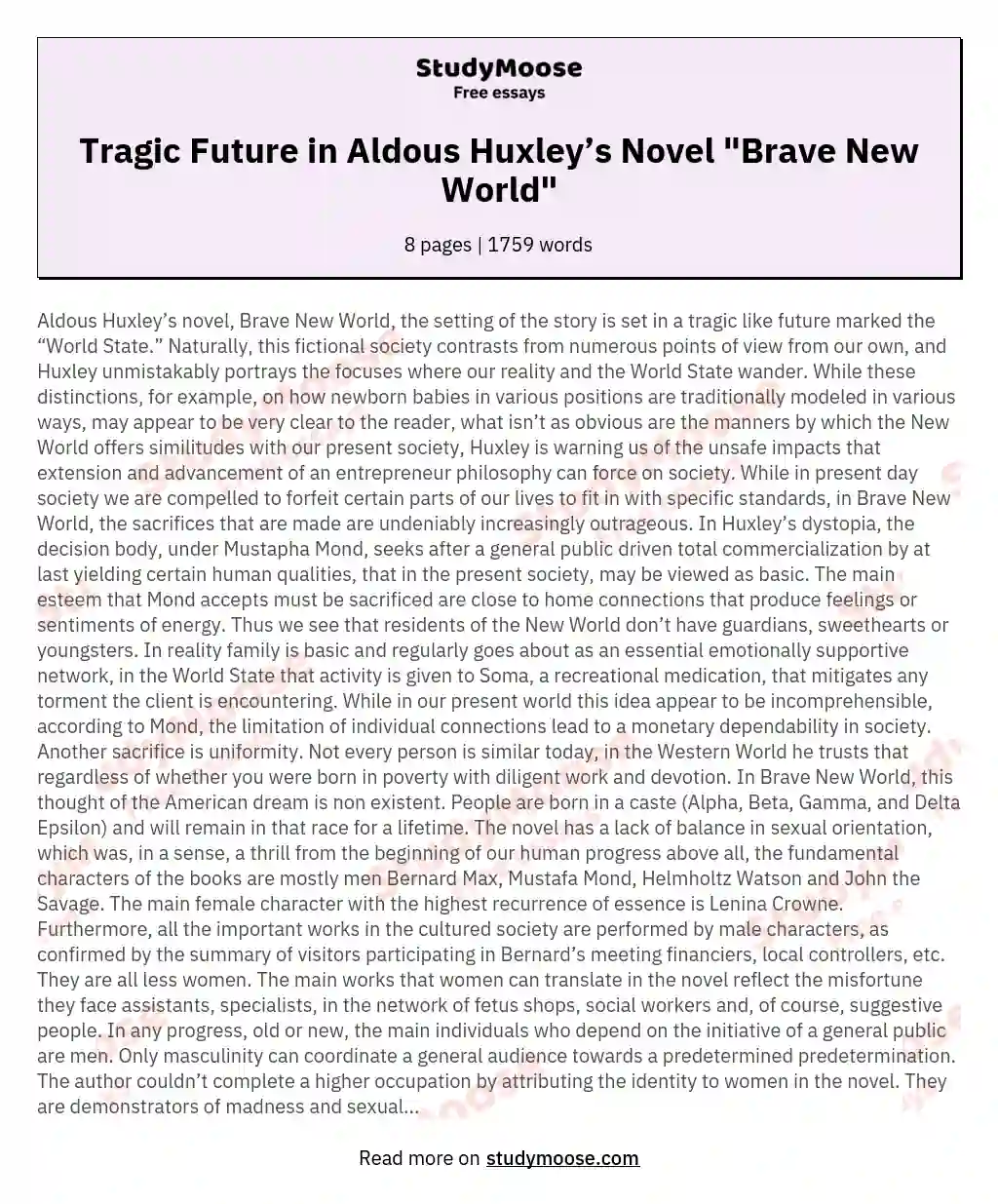 Tragic Future in Aldous Huxley’s Novel "Brave New World"